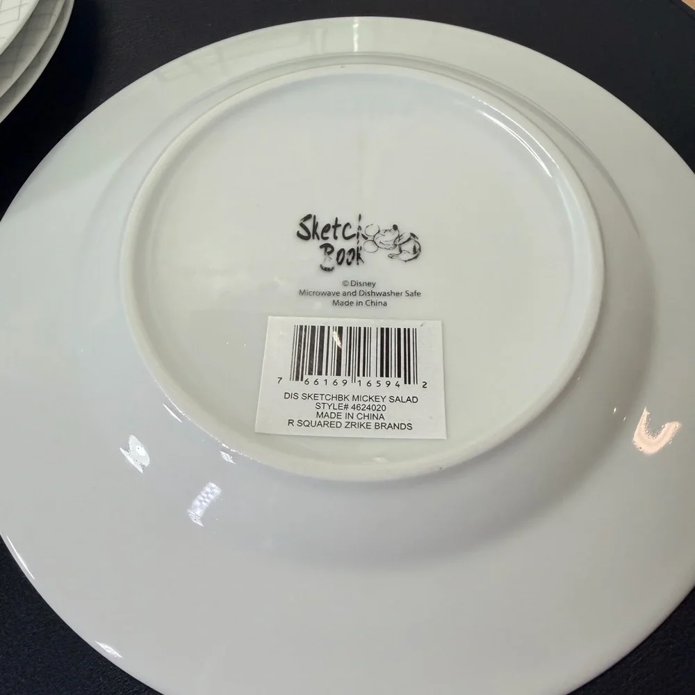 NWT Disney “Sketchbook” White and Black Mickey Mouse 8” Ceramic Plates -Set of 4